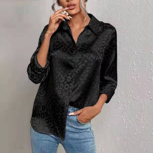 Women Casual Long-Sleeved Lapel Elegant Satin Jacquard Leopard Blouse - Image 2