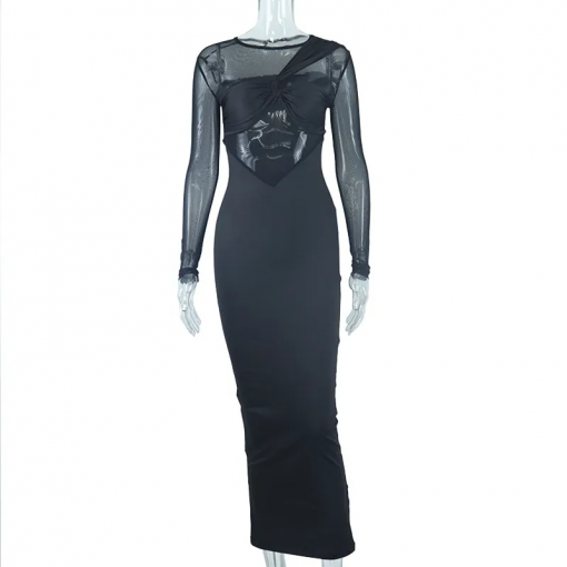 Round Neck Mesh Patchwork Long-Sleeved Mid-Length Sheath Dress - Image 4