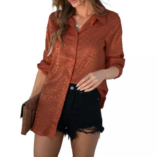 Women Casual Long-Sleeved Lapel Elegant Satin Jacquard Leopard Blouse - Image 4