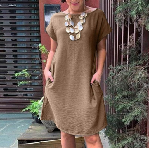 women with brown cotton linen summer dress