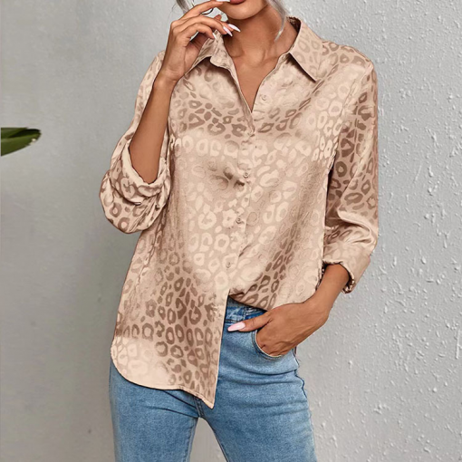 Women Casual Long-Sleeved Lapel Elegant Satin Jacquard Leopard Blouse - Image 5