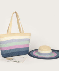 Ladies Stripe Contrast Straw Hat + Straw Bag Set
