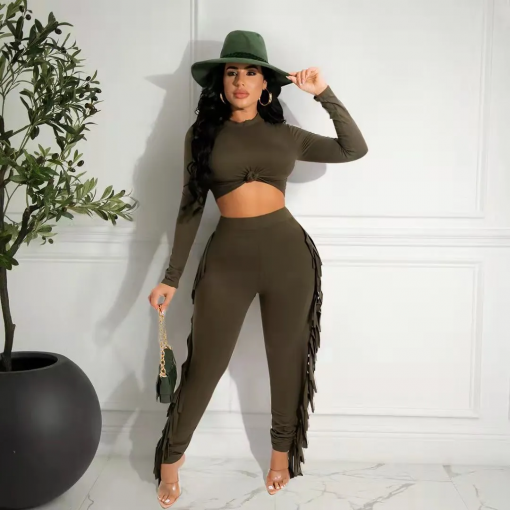 Women Fashion Solid Color Long-Sleeved Crop Top Tassel Pants - Image 4