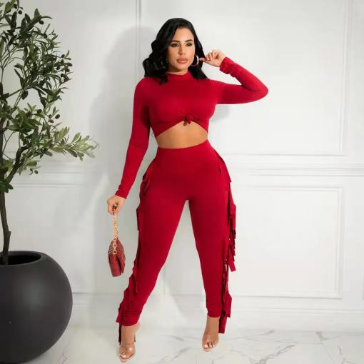 Women Fashion Solid Color Long-Sleeved Crop Top Tassel Pants - Image 3