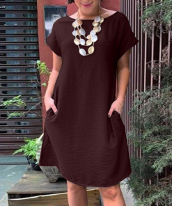 women with red brown cotton linen summer dress