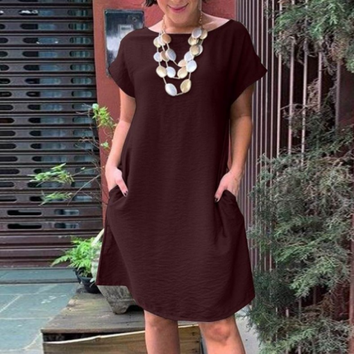 women with red brown cotton linen summer dress