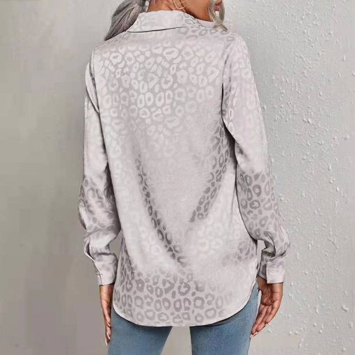 Women Casual Long-Sleeved Lapel Elegant Satin Jacquard Leopard Blouse - Image 7