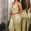 Beautiful Shining Strap Slim Gold Jumpsuit