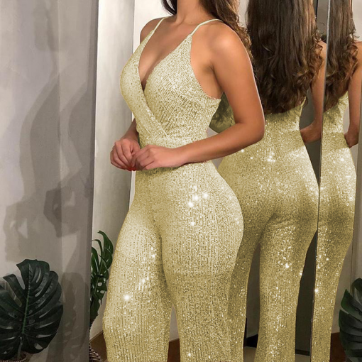 Beautiful Shining Strap Slim Gold Jumpsuit