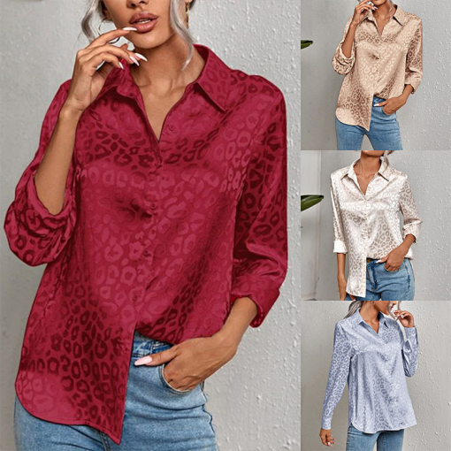 Women Casual Long-Sleeved Lapel Elegant Satin Jacquard Leopard Blouse - Image 8