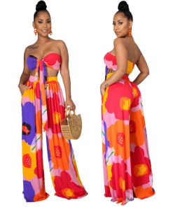 Casual Contrast Color Tube Top + Pants Two-Piece Set