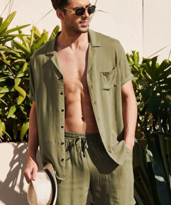 Men Casual Solid Color Lapel Short-Sleeved Shirt Mid-Waist Tethered Shorts Set