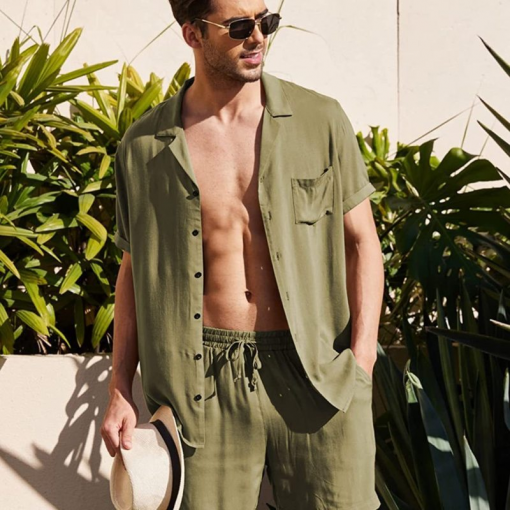 Men Casual Solid Color Lapel Short-Sleeved Shirt Mid-Waist Tethered Shorts Set