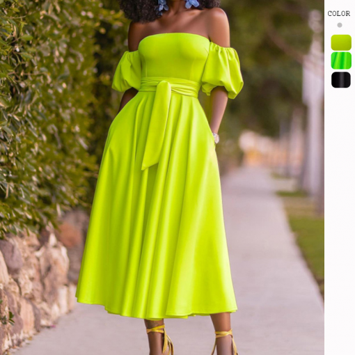 Women Off Shoulder Elegant Puff Sleeve Midi Dress - Image 6