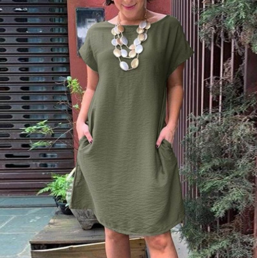 women with cotton linen brown summer dress