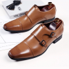 Brownish Yellow Men Fashion Square Toe Three-Joint Monk Buckle Pu Leather Shoes