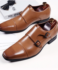 Brownish Yellow Men Fashion Square Toe Three-Joint Monk Buckle Pu Leather Shoes
