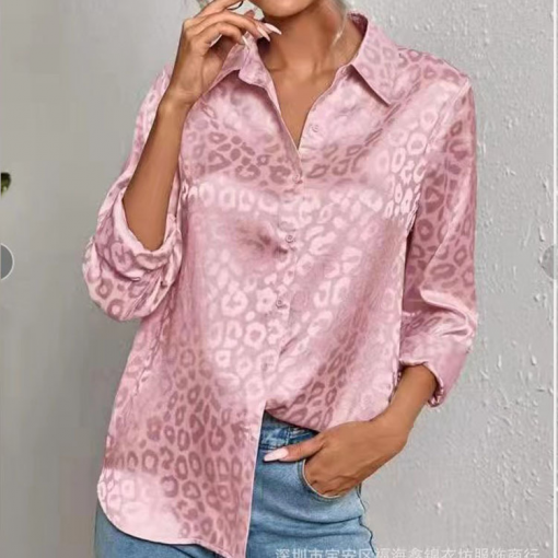 Women Casual Long-Sleeved Lapel Elegant Satin Jacquard Leopard Blouse - Image 9
