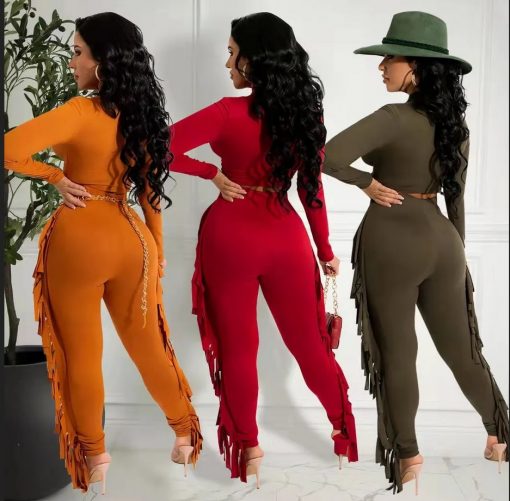 Women Fashion Solid Color Long-Sleeved Crop Top Tassel Pants - Image 2
