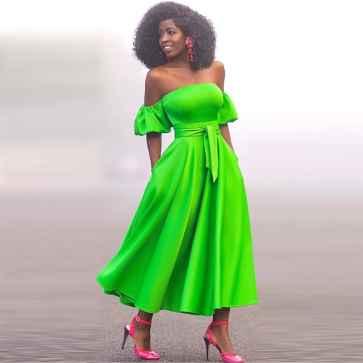 Women Off Shoulder Elegant Puff Sleeve Midi Dress - Image 5