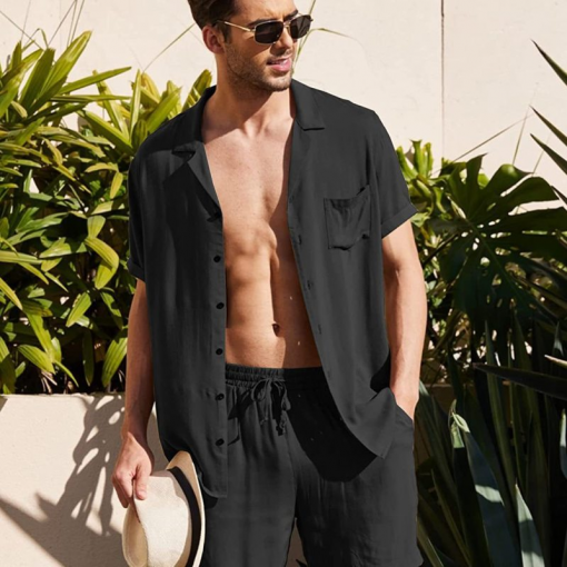 Men Casual Solid Color Lapel Short-Sleeved Shirt Mid-Waist Tethered Shorts Set - Image 5