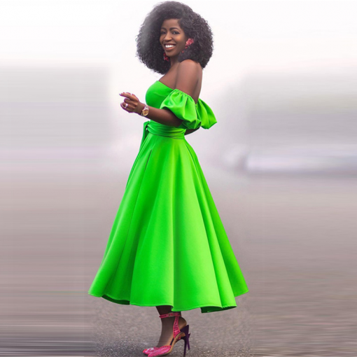 Women Off Shoulder Elegant Puff Sleeve Midi Dress - Image 4