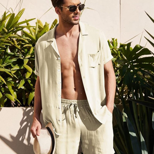 Men Casual Solid Color Lapel Short-Sleeved Shirt Mid-Waist Tethered Shorts Set - Image 4
