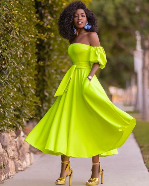Women Off Shoulder Elegant Puff Sleeve Midi Dress - Image 2