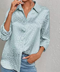 Women Casual Long-Sleeved Lapel Elegant Satin Jacquard Leopard Aqua Blouse