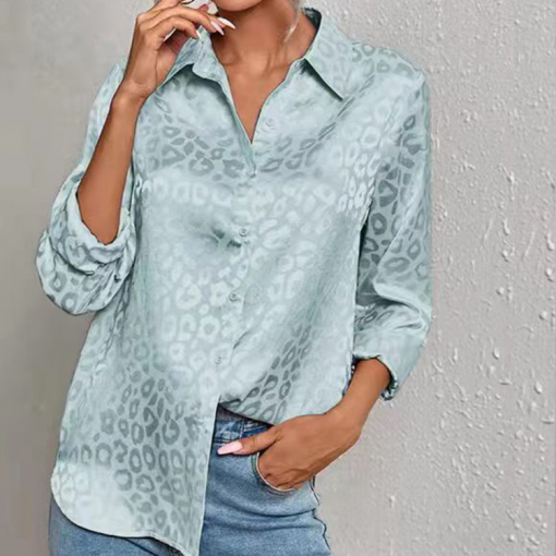 Women Casual Long-Sleeved Lapel Elegant Satin Jacquard Leopard Aqua Blouse