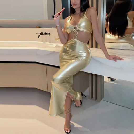Fashion Sexy Expose Waist Sleeveless Metal Colour Dress - Image 4