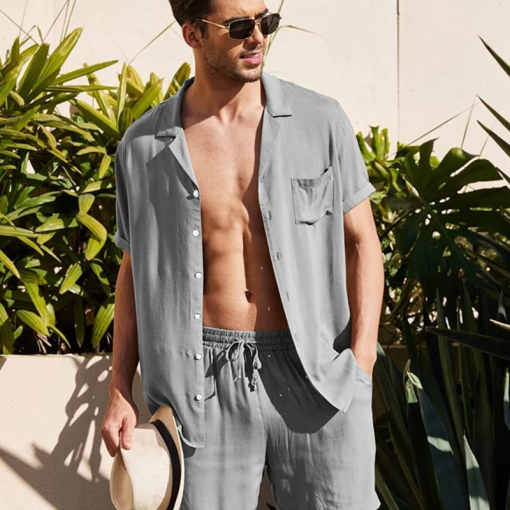 Men Casual Solid Color Lapel Short-Sleeved Shirt Mid-Waist Tethered Shorts Set - Image 2