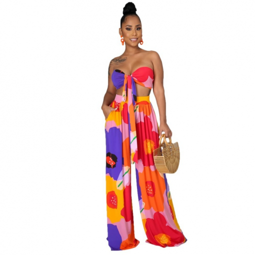 Casual Contrast Color Tube Top + Pants Two-Piece Set - Image 2