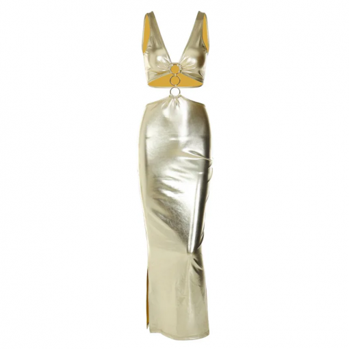 Fashion Sexy Expose Waist Sleeveless Metal Colour Dress - Image 5
