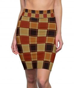 Womens Pencil Skirt, High Waist Stretch, Checker Brown