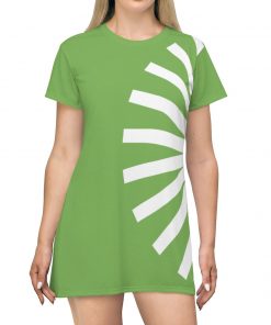 Womens T-Shirt Dress, Side Curve Fan Grid White - Lime Green