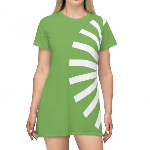 Womens T-Shirt Dress, Side Curve Fan Grid White - Lime Green