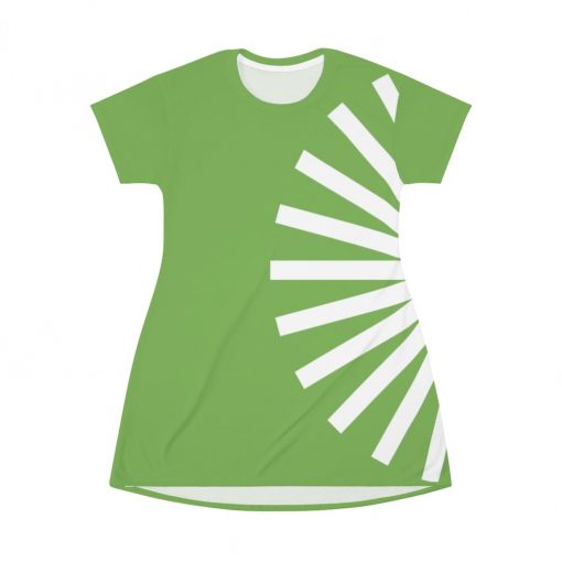 Womens T-Shirt Dress, Side Curve Fan Grid White - Lime Green - Image 2