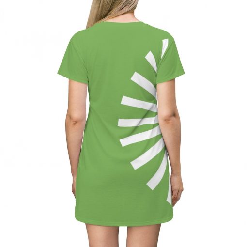 Womens T-Shirt Dress, Side Curve Fan Grid White - Lime Green - Image 3